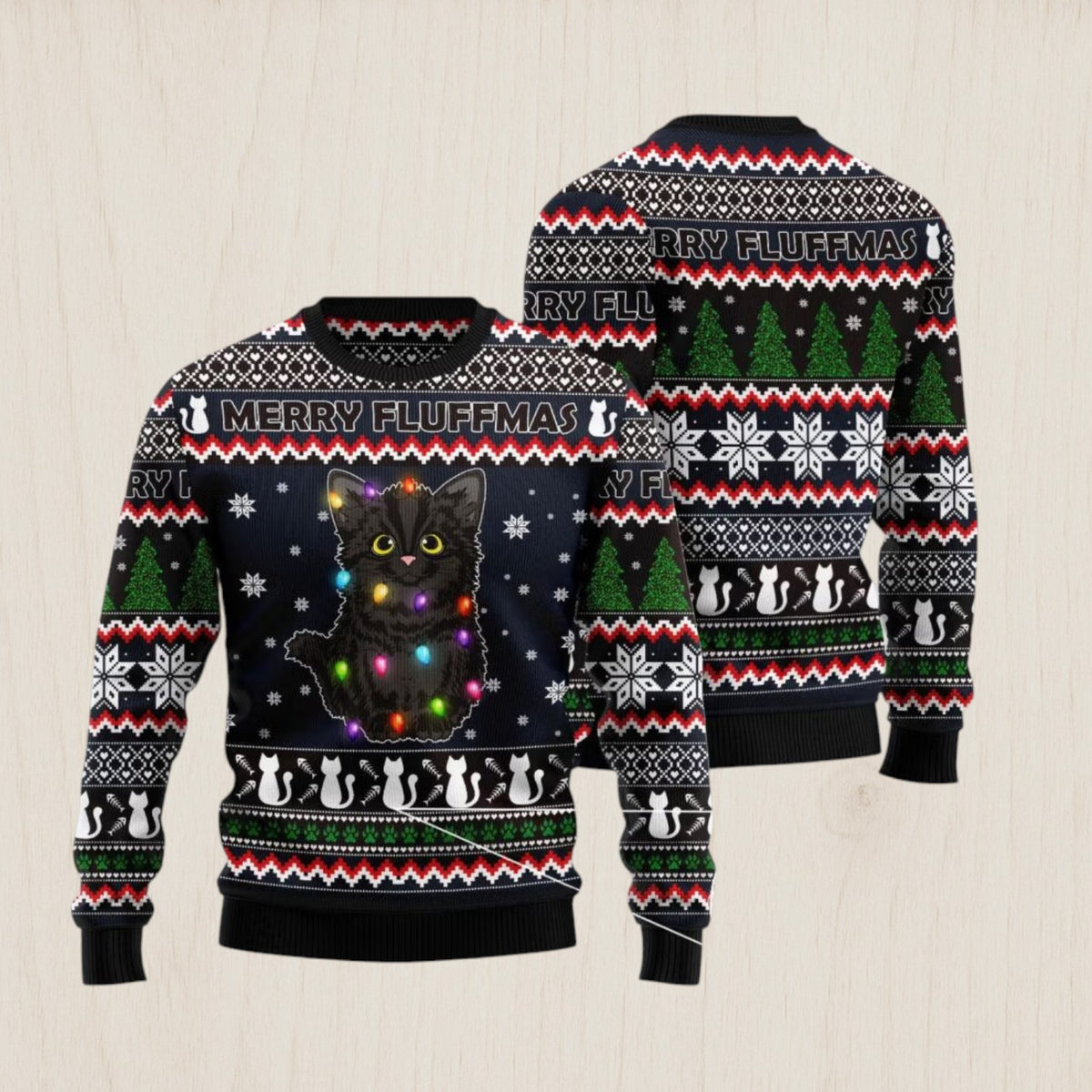 Black Cat Fluffmas Ugly Christmas Sweater