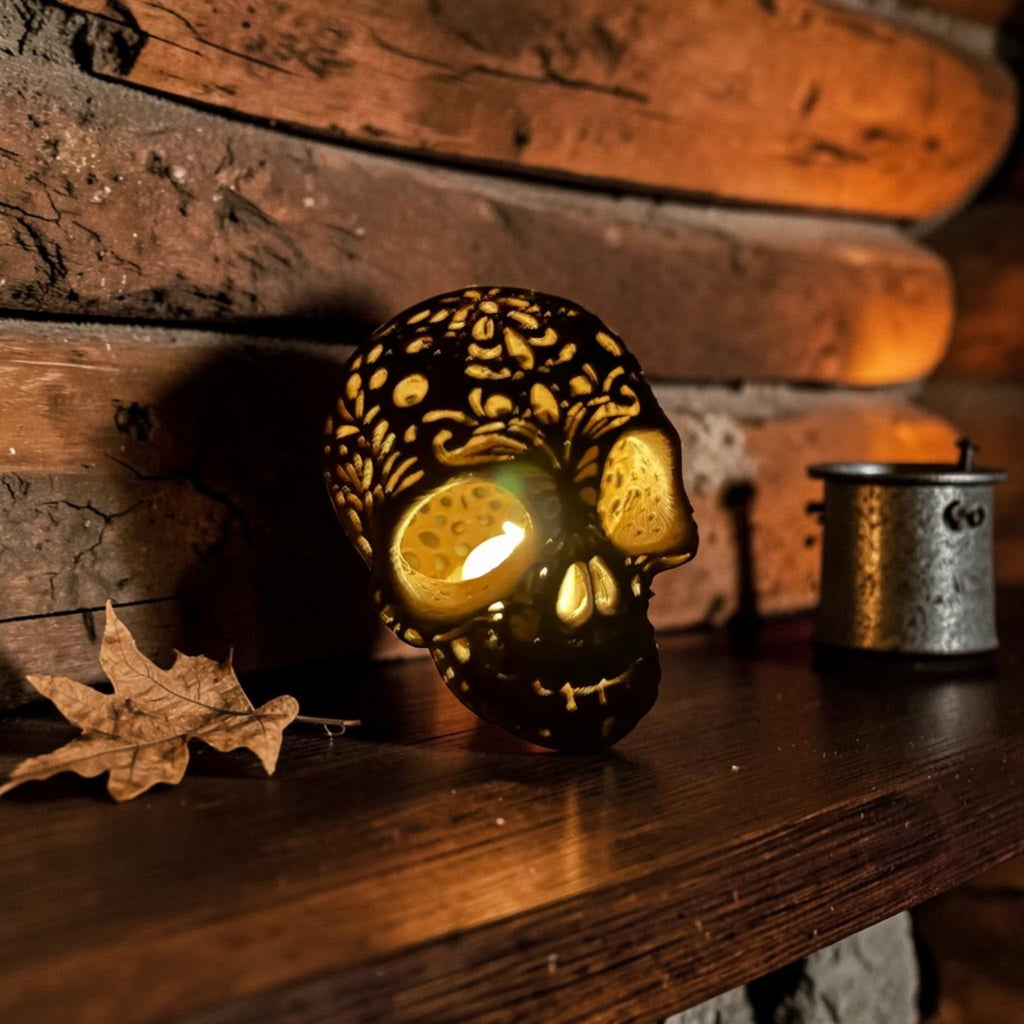 Sugar skull LED tealight lantern, Day of the Dead decor, view 4