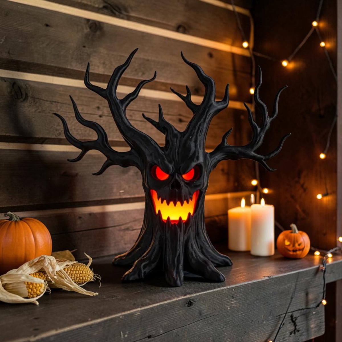 Skull tree LED tea light holder with glowing eyes, view 4