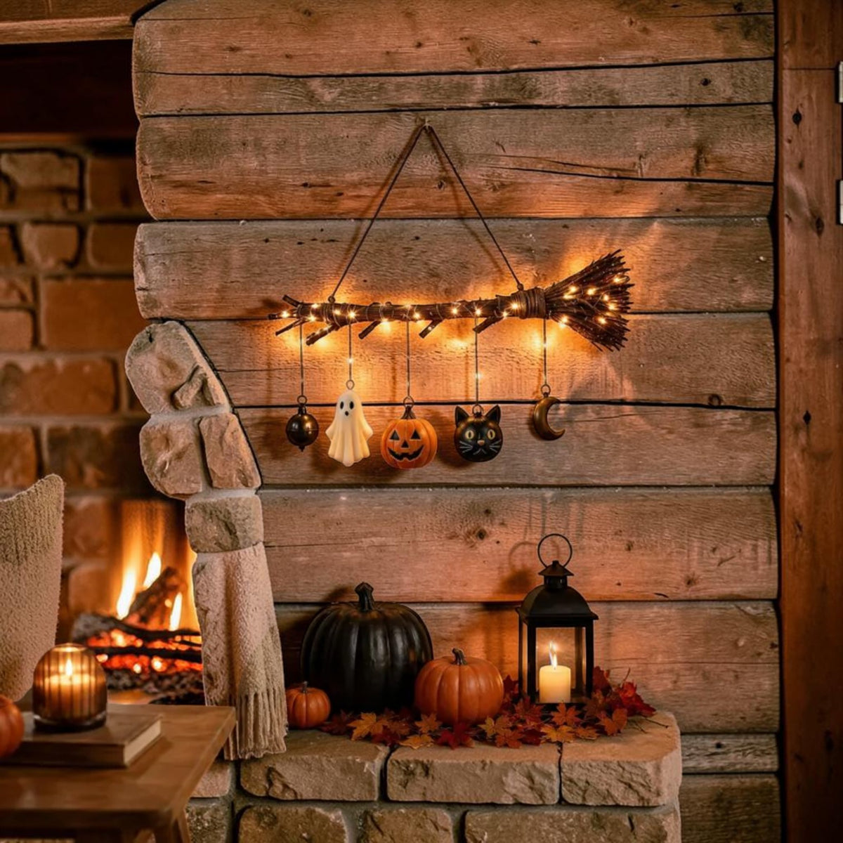 Lighted Halloween broom wall hanging with ghost, pumpkin, black cat and moon, view 5