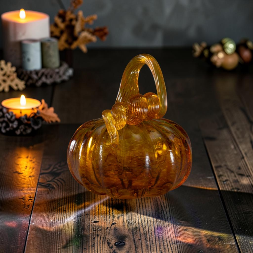 Iridescent glass pumpkin with curly vine, fall centerpiece, view 6