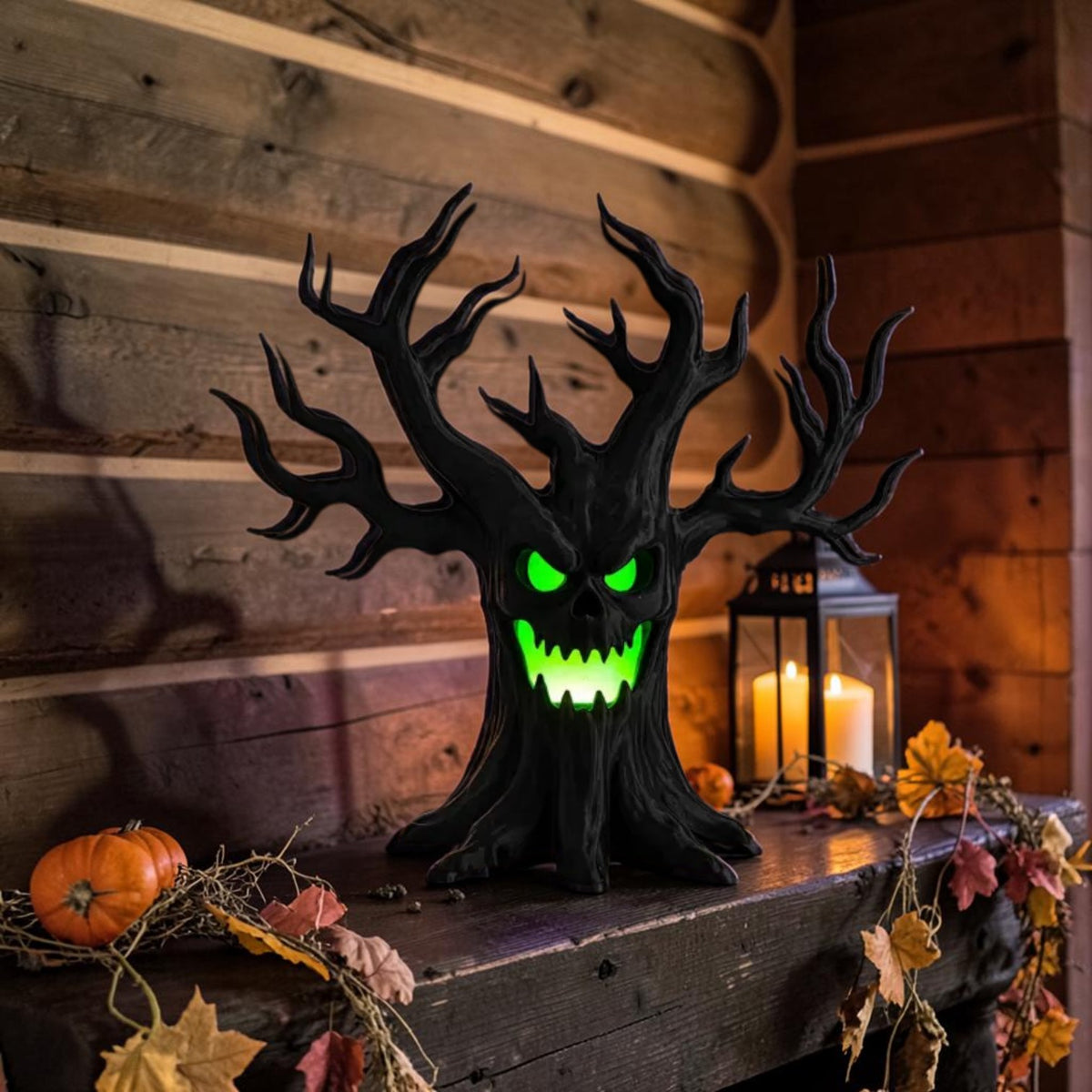 Skull tree LED tea light holder with glowing eyes, view 3