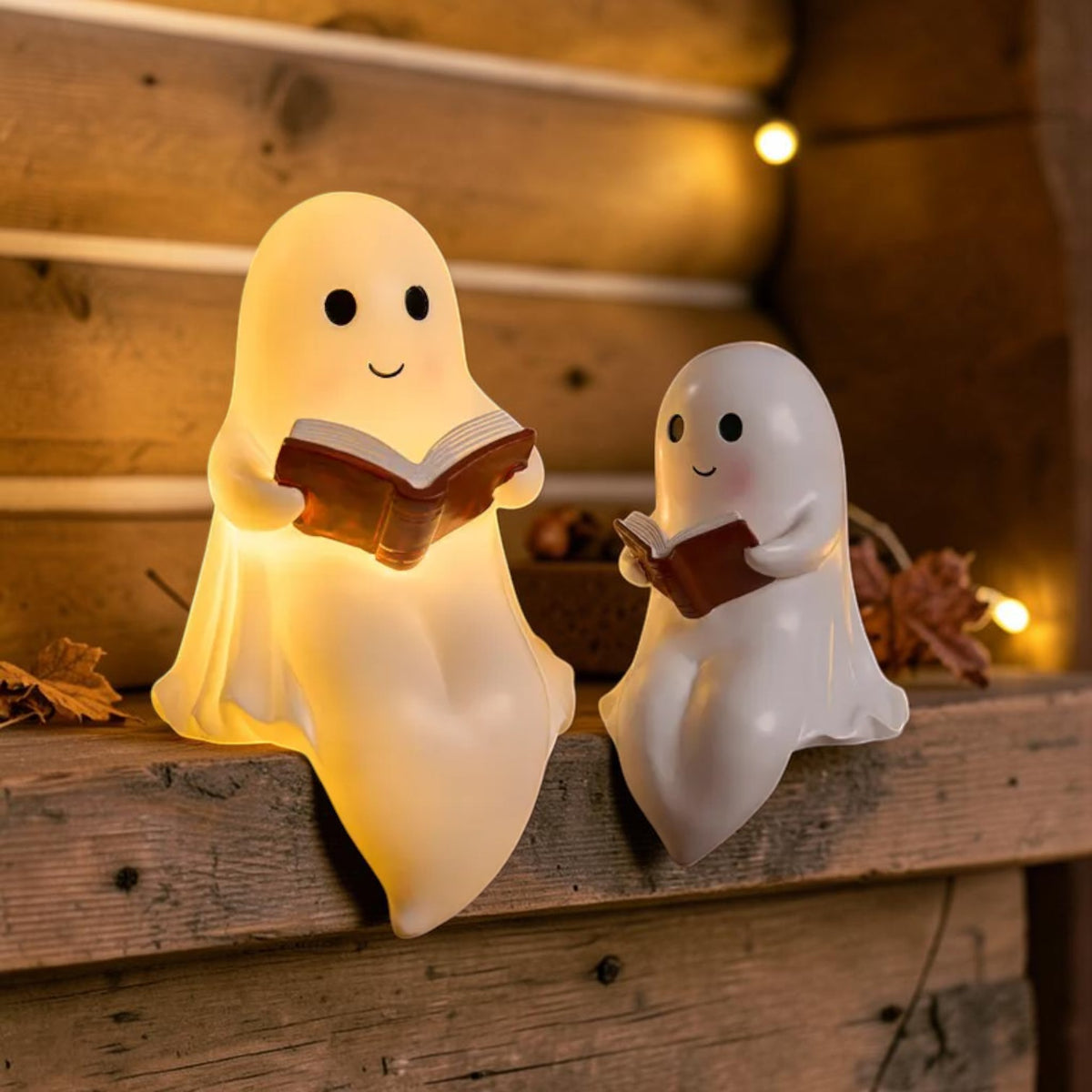 LED reading ghost night light on bookshelf, view 5