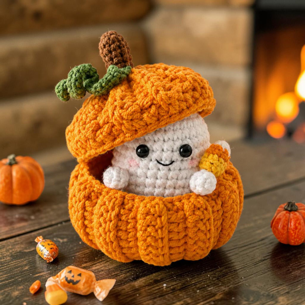 Crochet ghost and pumpkin trinket holder set, view 2