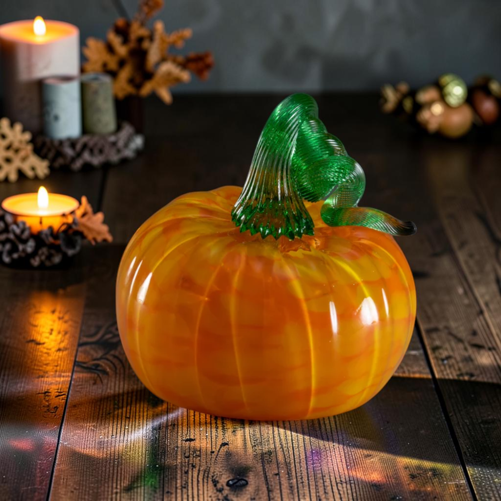 Iridescent glass pumpkin with curly vine, fall centerpiece, view 3