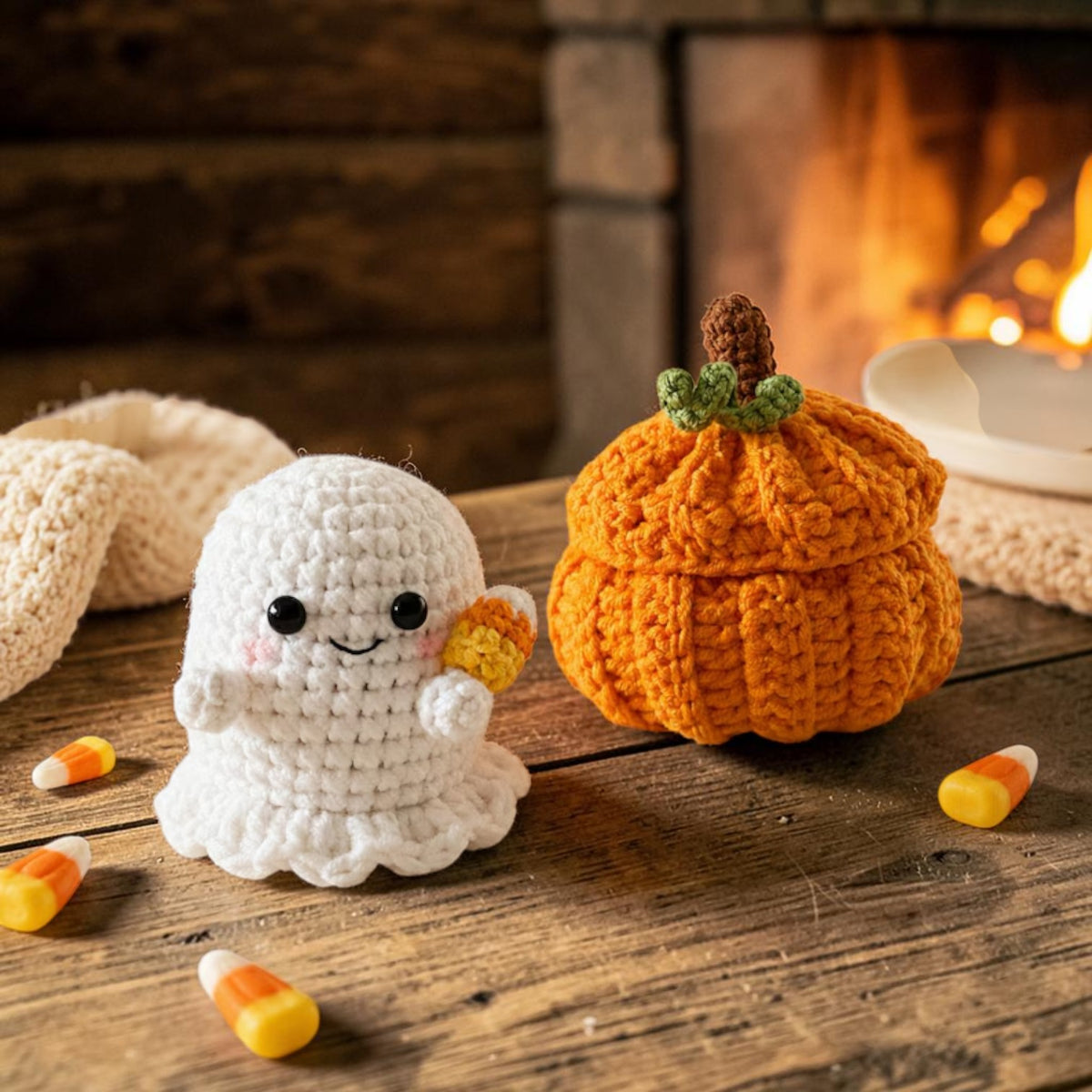 Crochet ghost and pumpkin trinket holder set, view 3