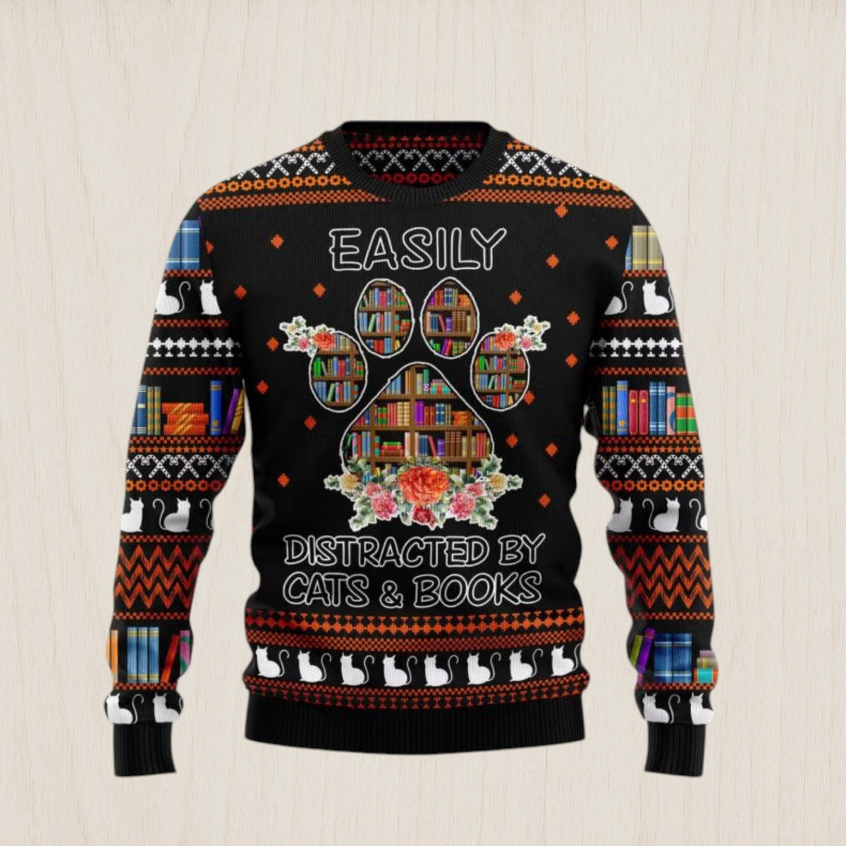 Cat And Books Christmas Ugly Christmas Sweater