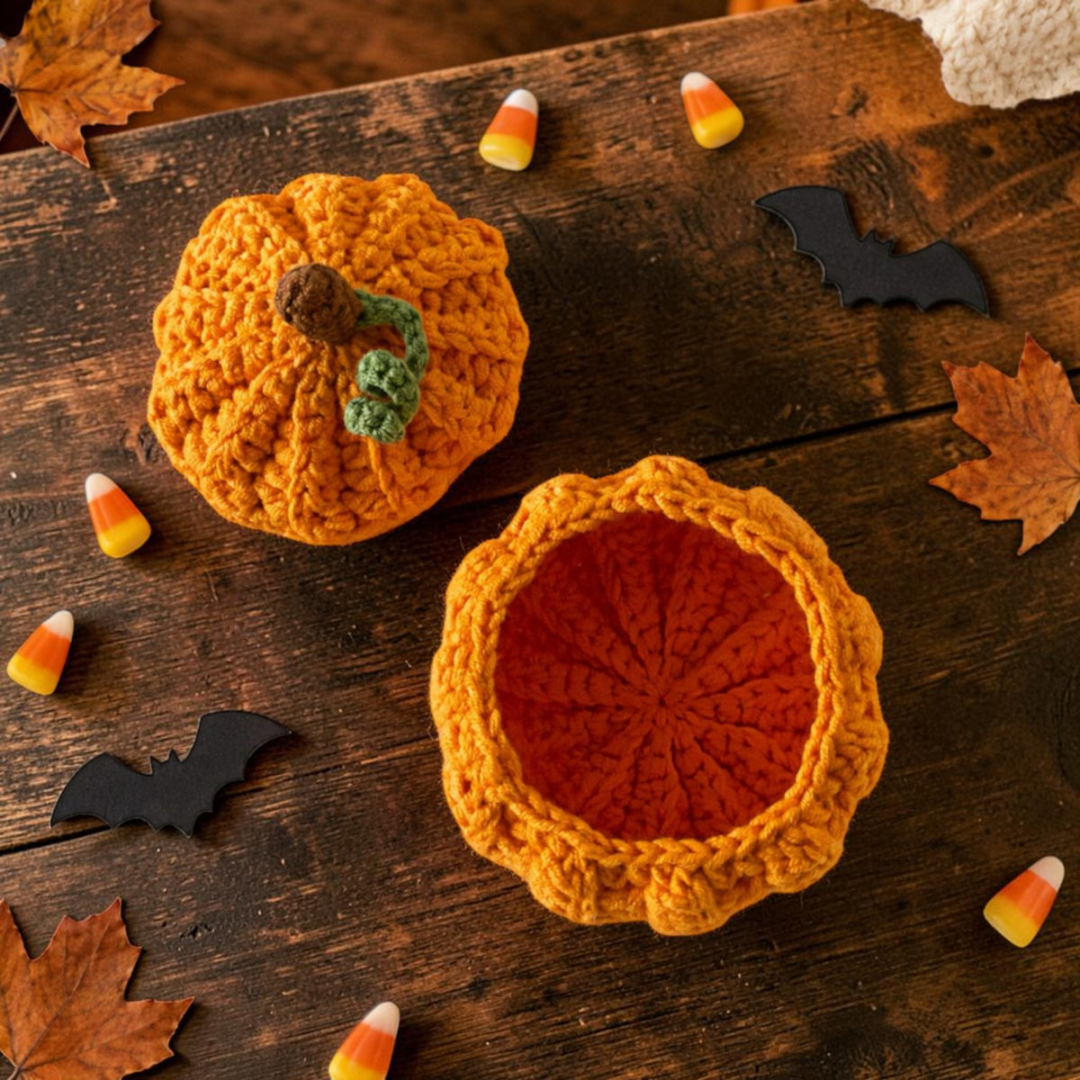 Crochet ghost and pumpkin trinket holder set, view 4