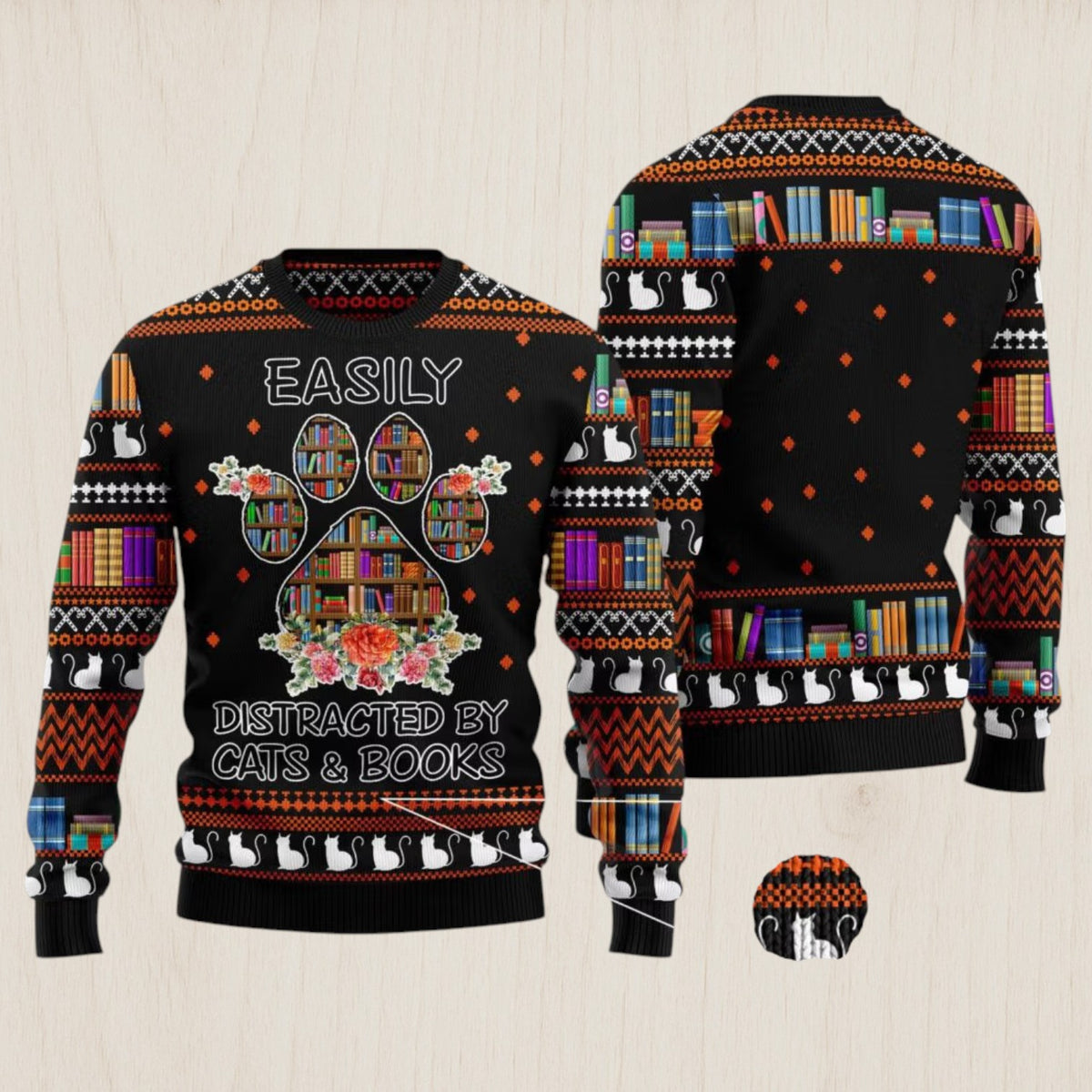 Cat And Books Christmas Ugly Christmas Sweater