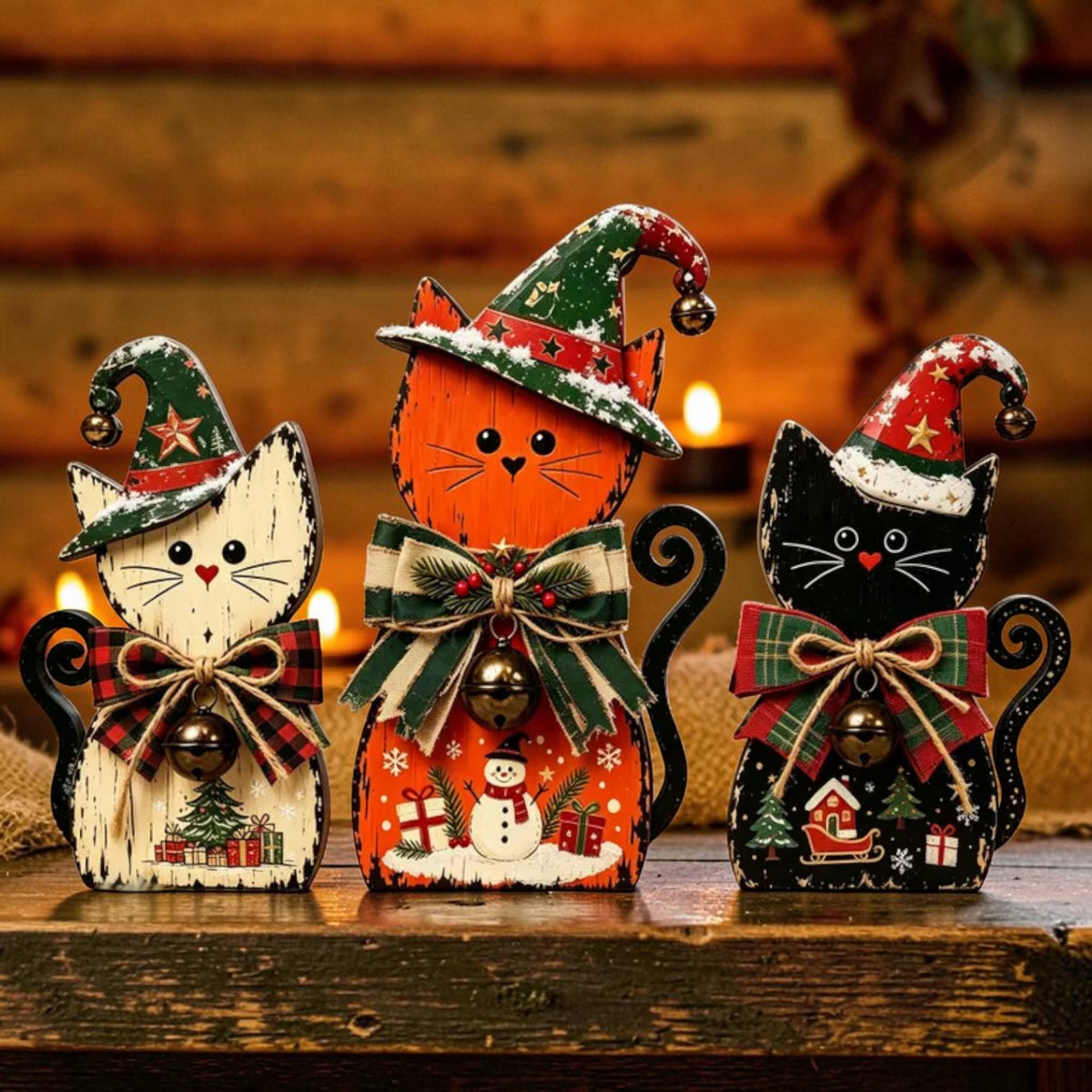 Vintage wooden Christmas black cat figurine for tiered tray | USAGatherCo
