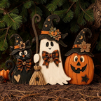 Rustic wooden Halloween tiered tray set with ghost, pumpkin and cat, view 5