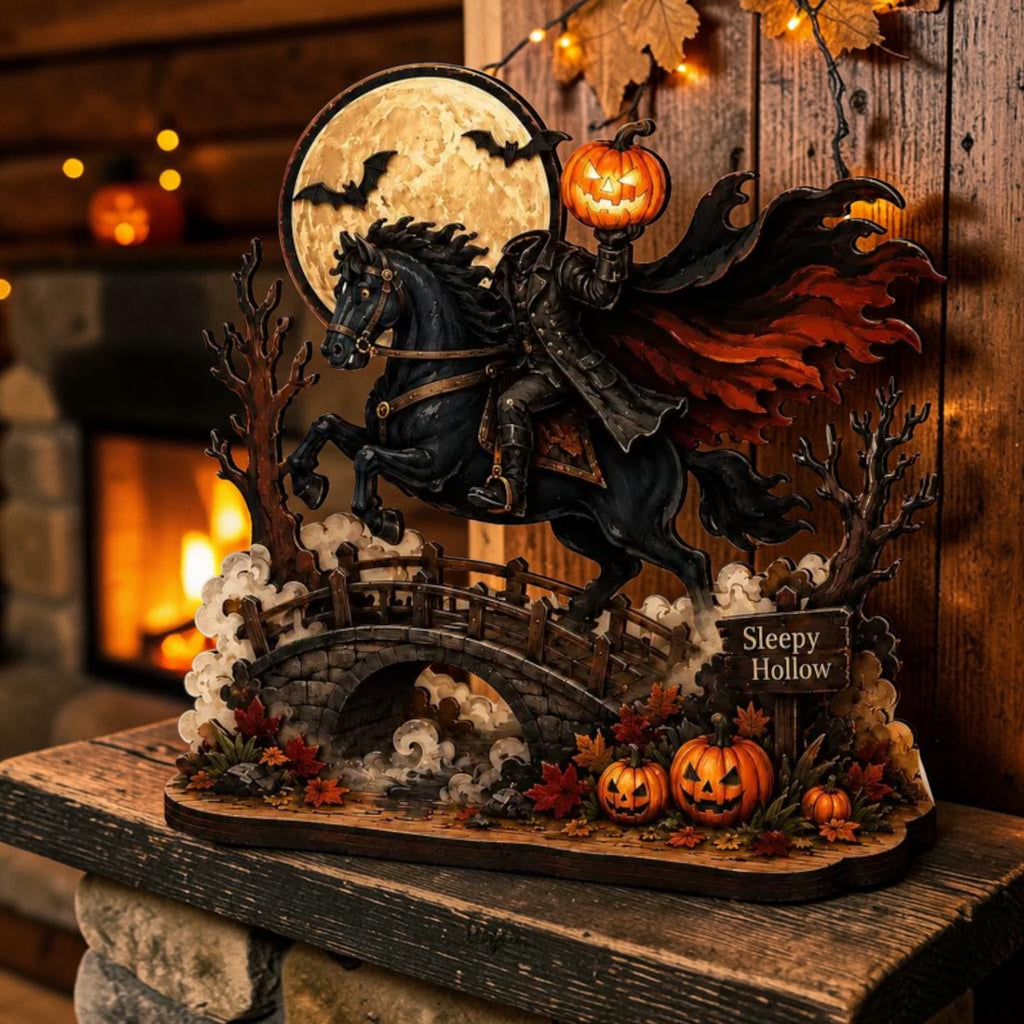 Headless Horseman wooden sign, Sleepy Hollow table decor, view 3