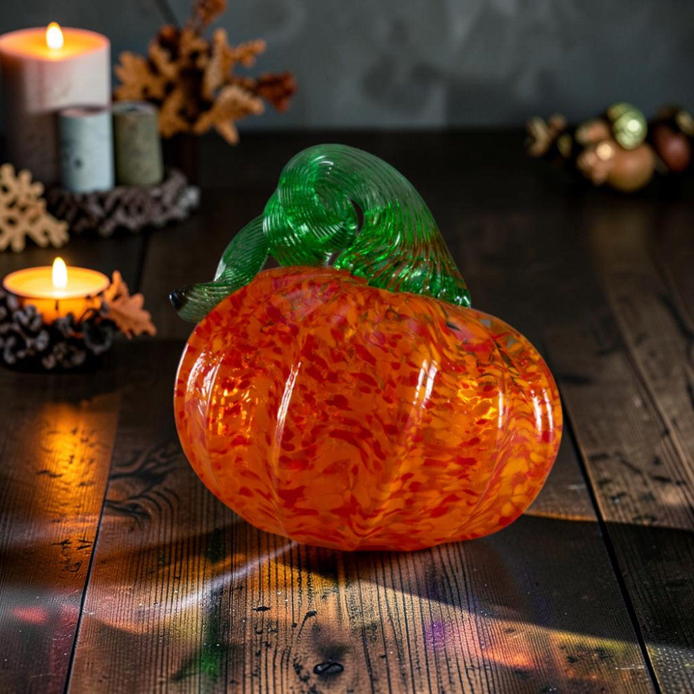 Iridescent glass pumpkin with curly vine, fall centerpiece, view 7