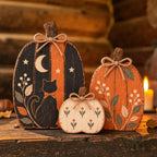 Three-piece wooden pumpkin set with black cat, fall tiered tray decor, view 2