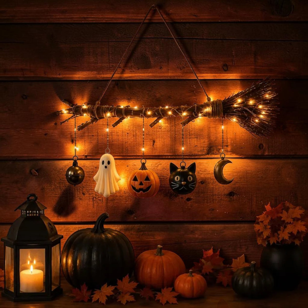 Lighted Halloween broom wall hanging with ghost, pumpkin, black cat and moon | USAGatherCo