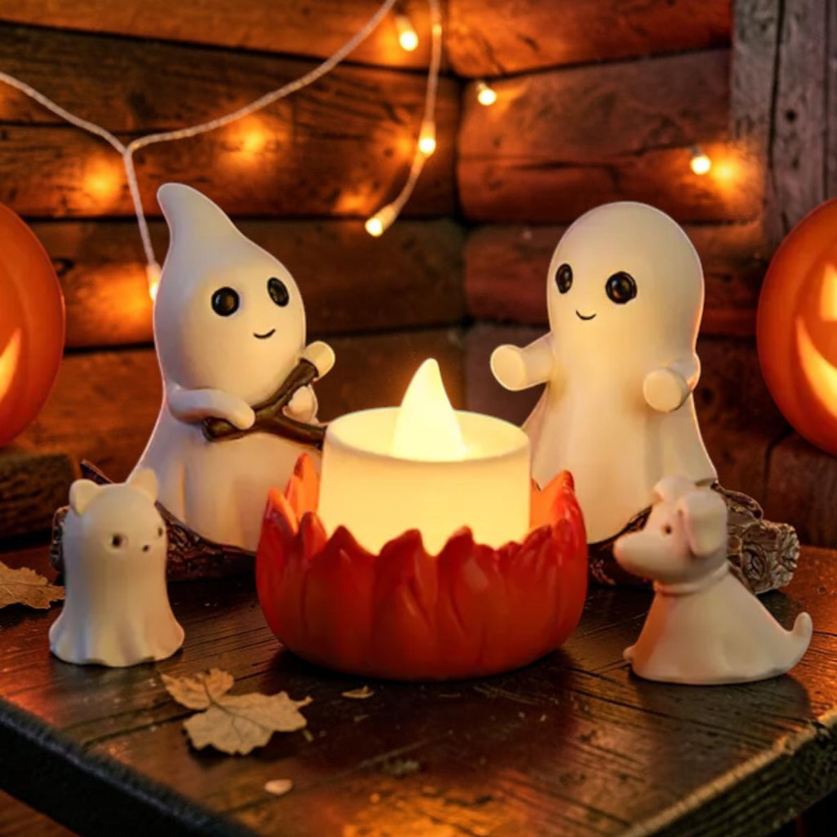 LED ghost campfire figurine set with two ghosts and a pet, cute Halloween decor | USAGatherCo
