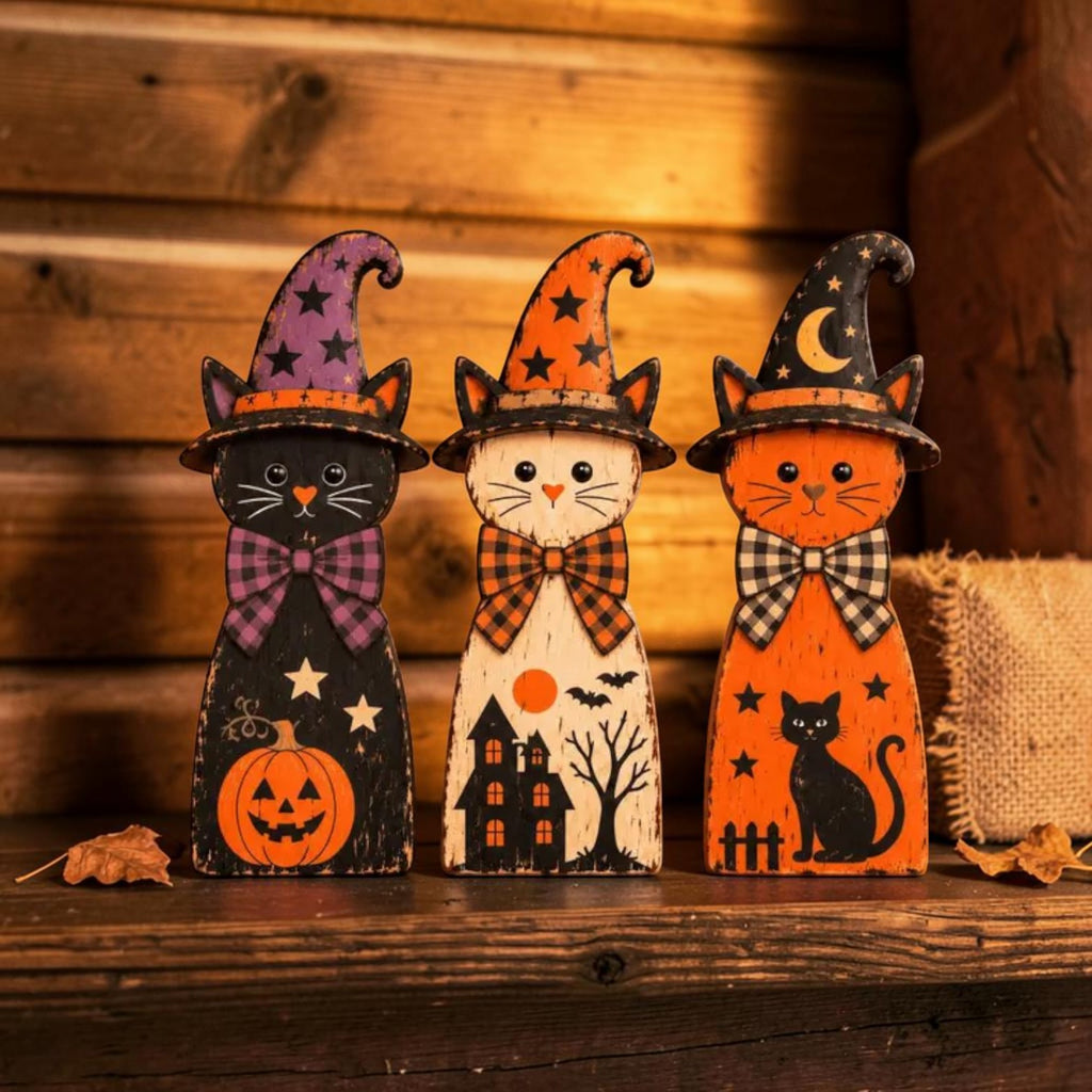 Three-piece wooden witch cat shelf sitter set, view 2