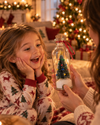 Child surprised hearing a recorded Christmas voice message from the glass bottle