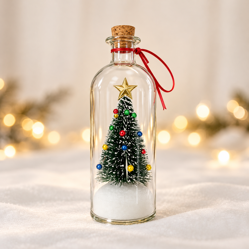 Recordable Christmas tree message in a bottle with cork and red ribbon