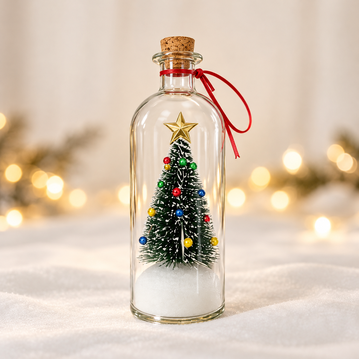 Recordable Christmas tree message in a bottle with cork and red ribbon