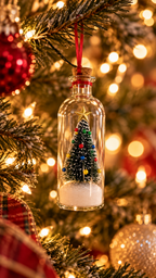 Recordable message bottle hanging as an ornament on a Christmas tree
