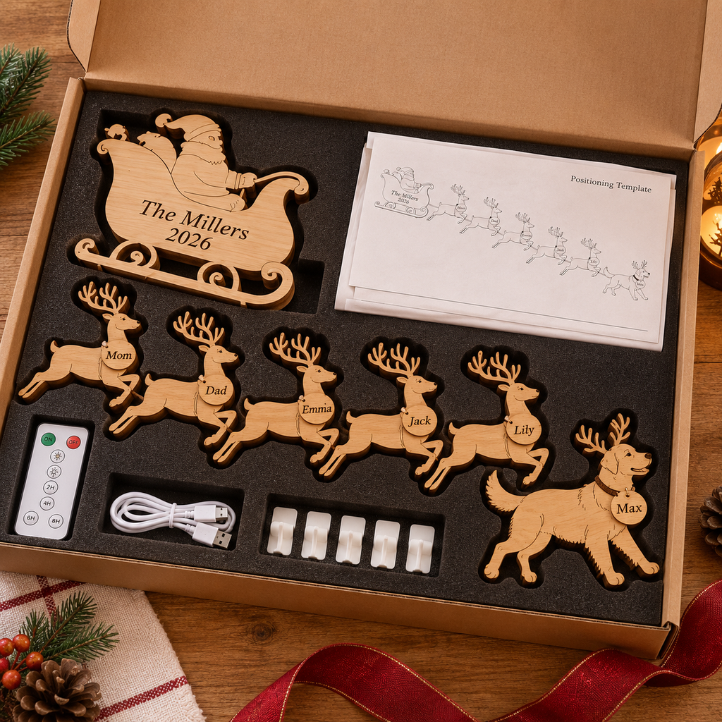 Personalized reindeer wall decor gift box with sleigh, five reindeer, dog piece, remote and positioning template