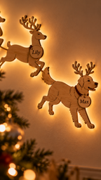Close-up of engraved reindeer name tag Lily and golden retriever Rudolph tag Max with warm LED glow