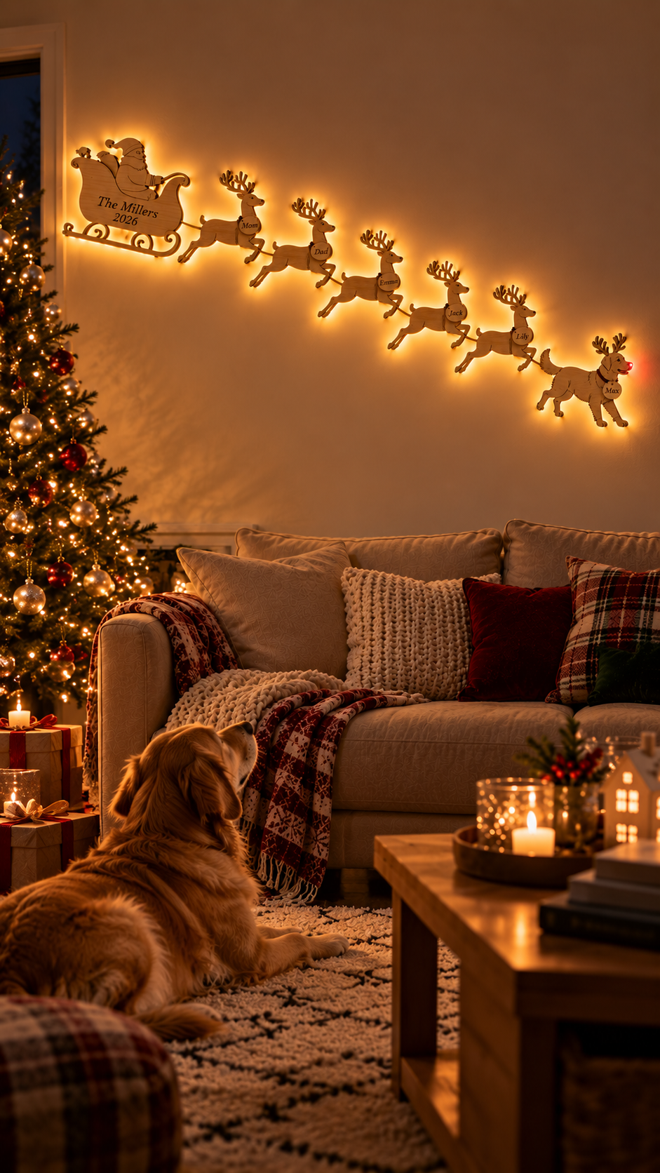 Golden retriever looking up at personalized glowing reindeer wall decor with red nose Rudolph dog