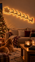 Golden retriever looking up at personalized glowing reindeer wall decor with red nose Rudolph dog