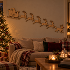 Personalized family reindeer LED wall decor with Santa sleigh and dog as Rudolph glowing on a living room wall | USAGatherCo
