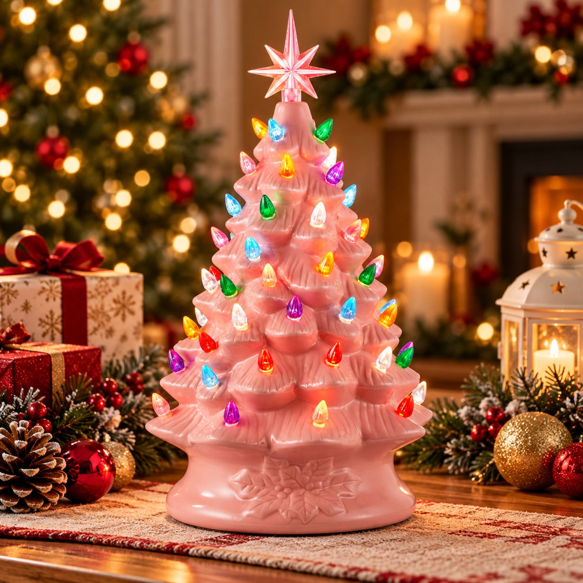 Blush pink vintage-style lighted ceramic Christmas tree