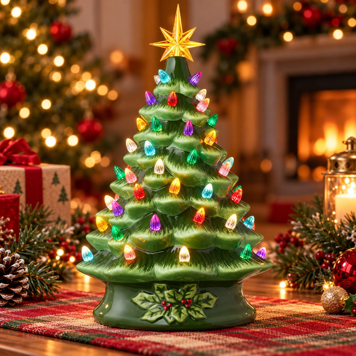 Traditional evergreen lighted ceramic Christmas tree, 15 inch