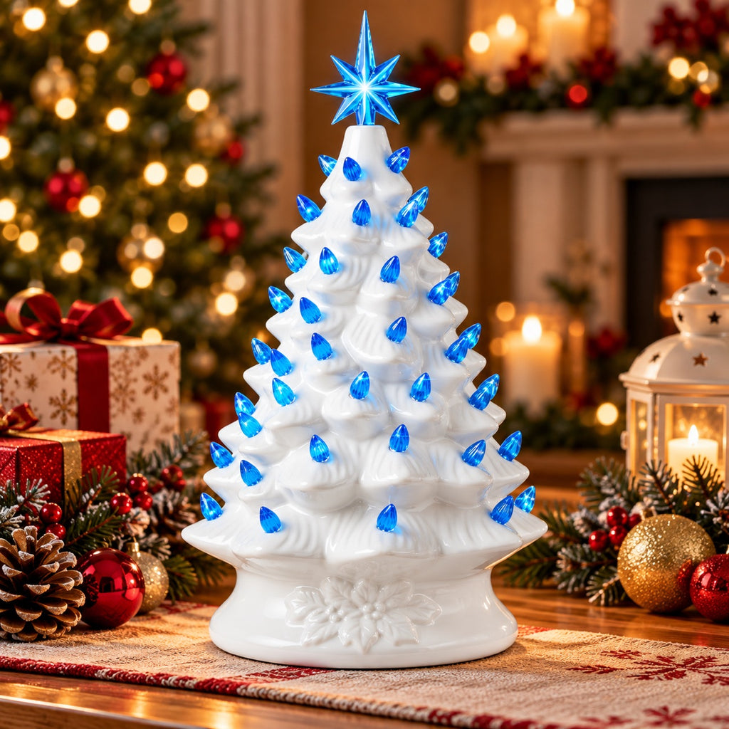 White ceramic Christmas tree with frosty blue glow lights