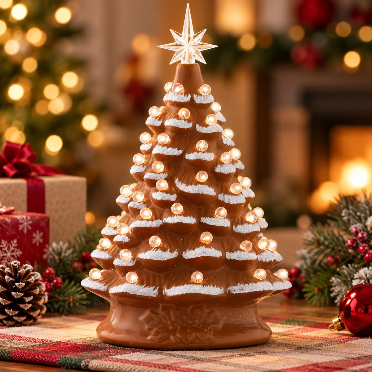 Gingerbread frosted lighted ceramic Christmas tree
