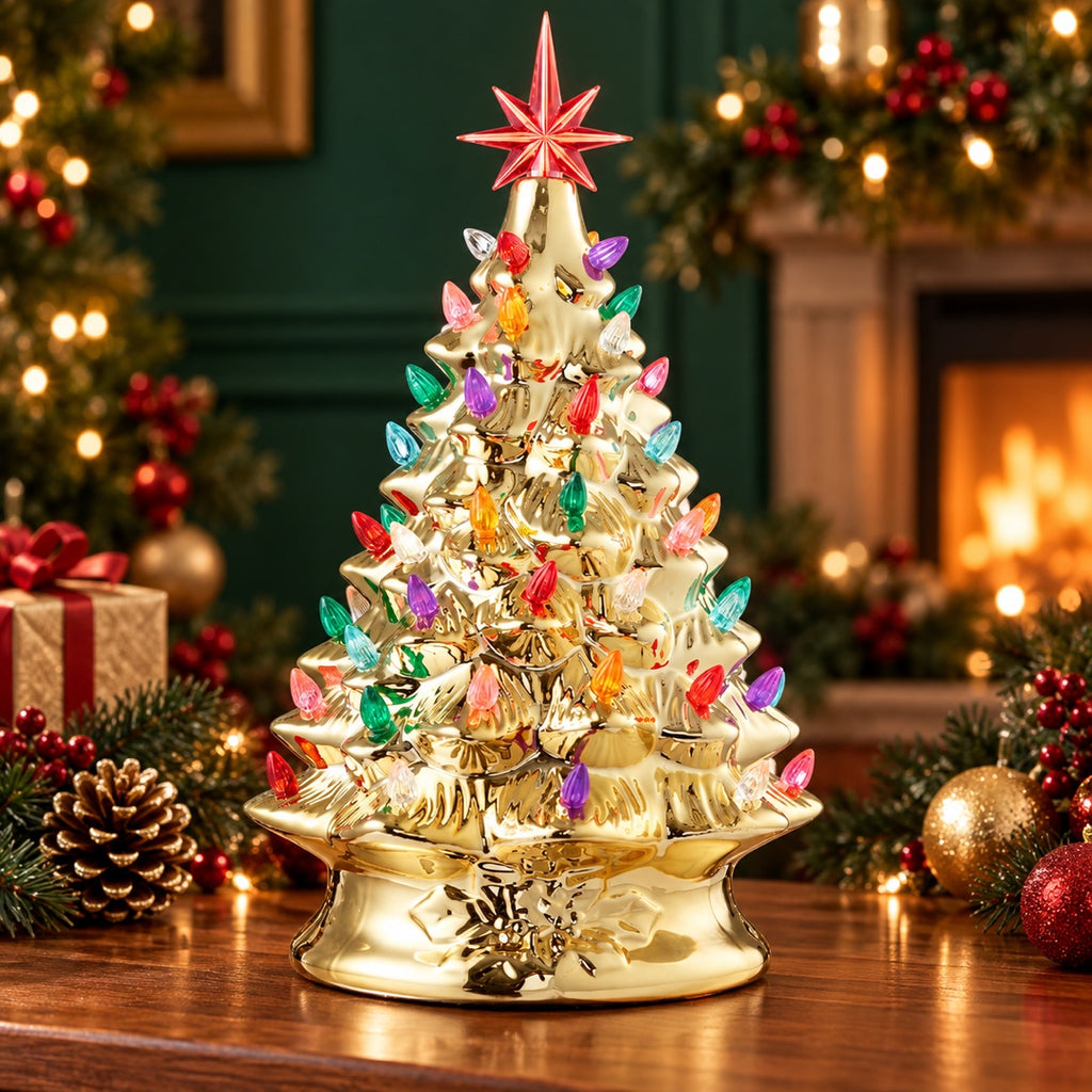 Metallic gold lighted ceramic Christmas tree, 15 inch
