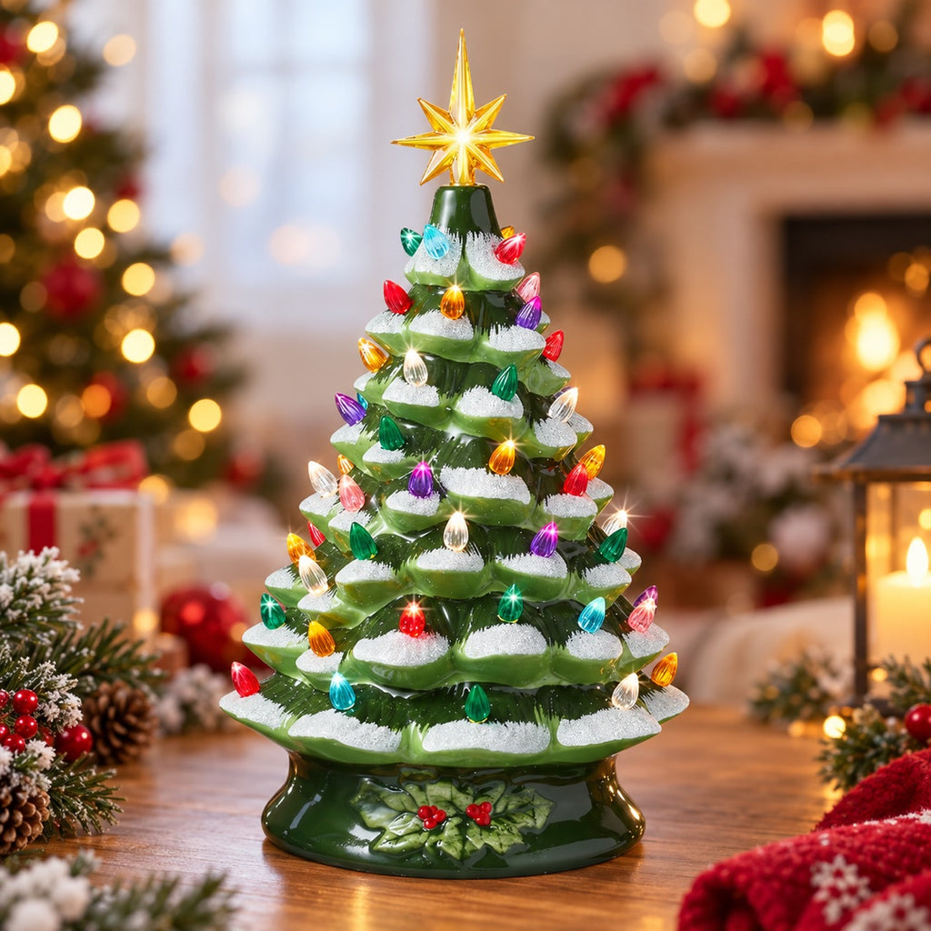 Classic green snow-frosted lighted ceramic Christmas tree, 15 inch | USAGatherCo