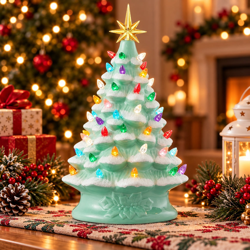Mint green frosted lighted ceramic Christmas tree