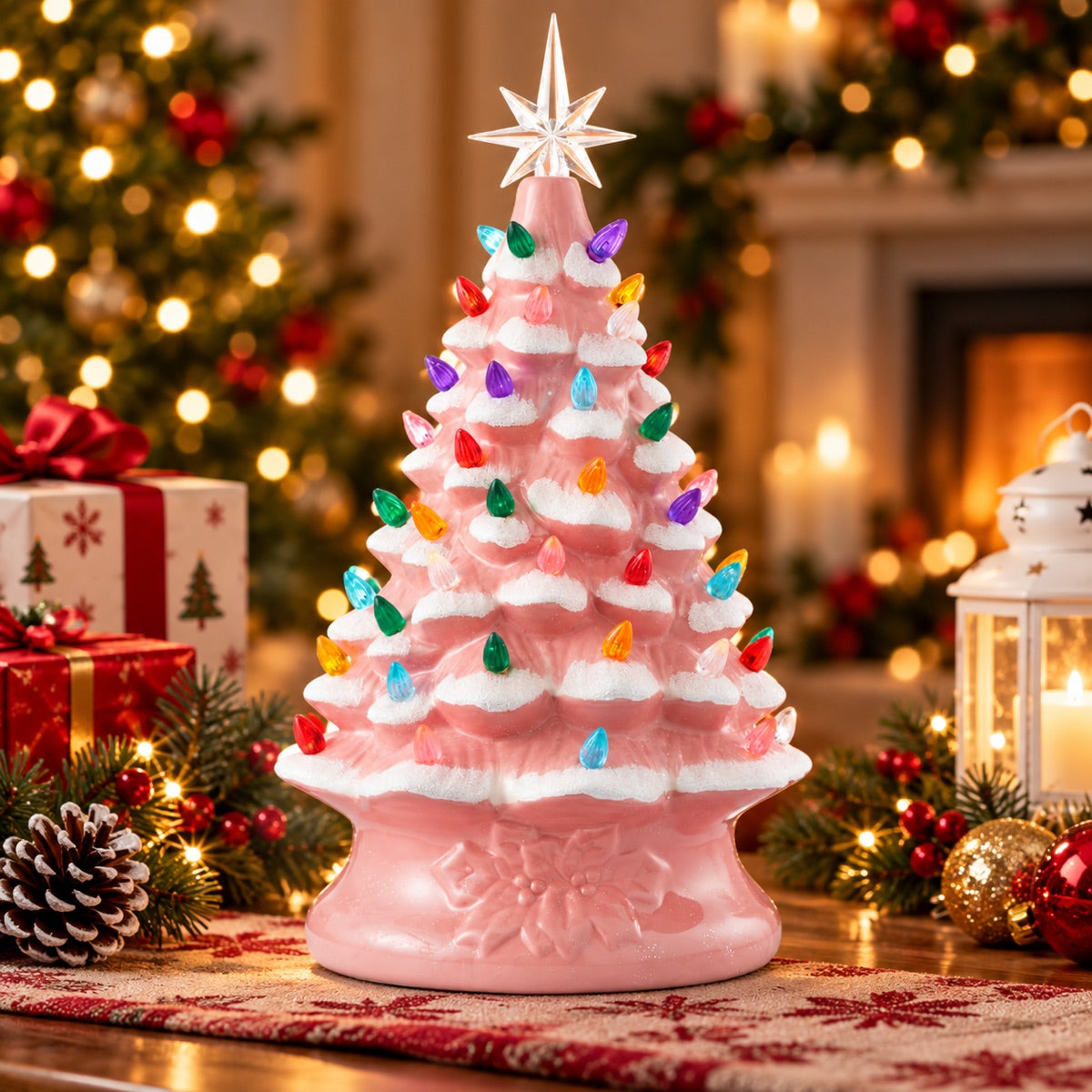 Pastel pink snow-kissed lighted ceramic Christmas tree