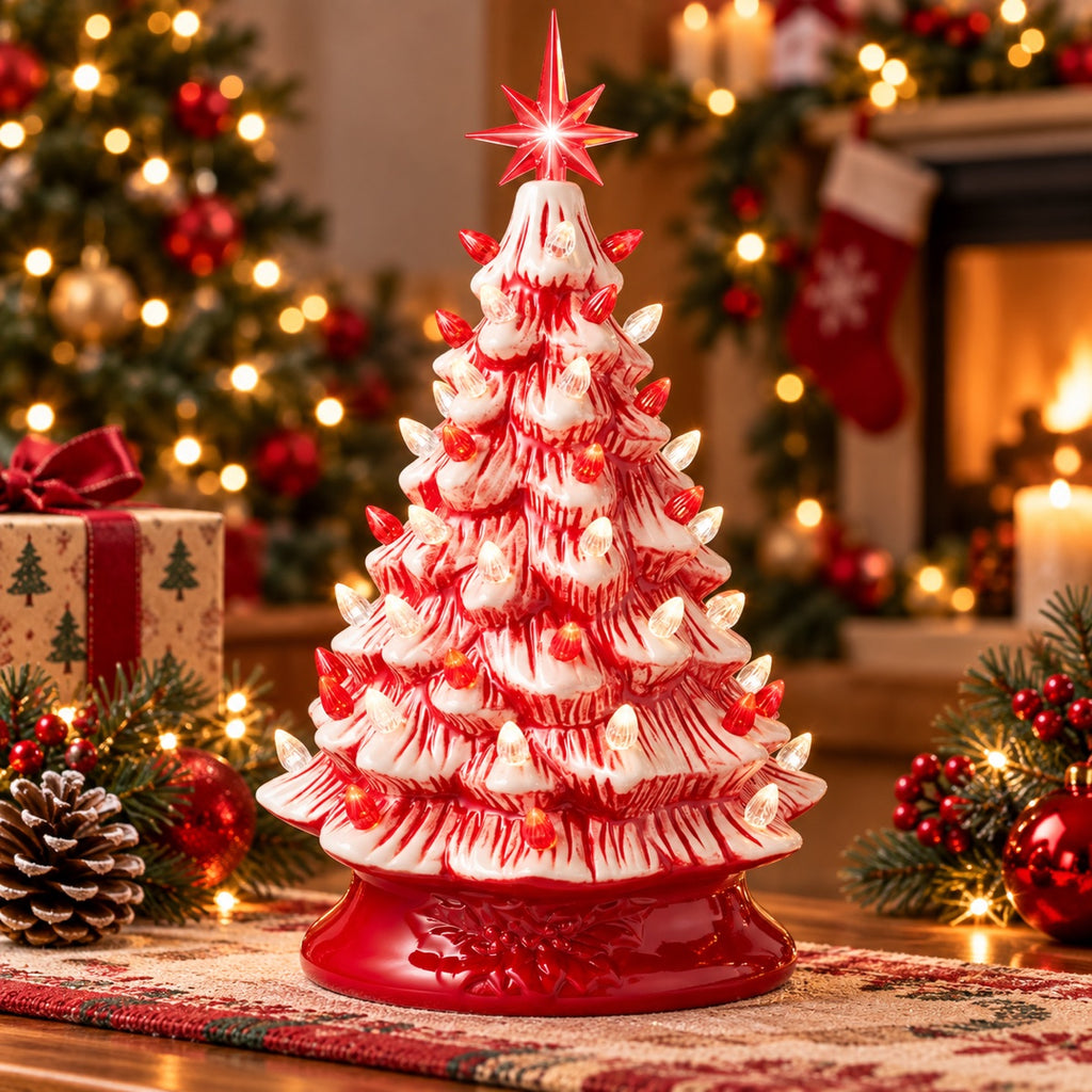 Peppermint swirl red and white lighted ceramic Christmas tree