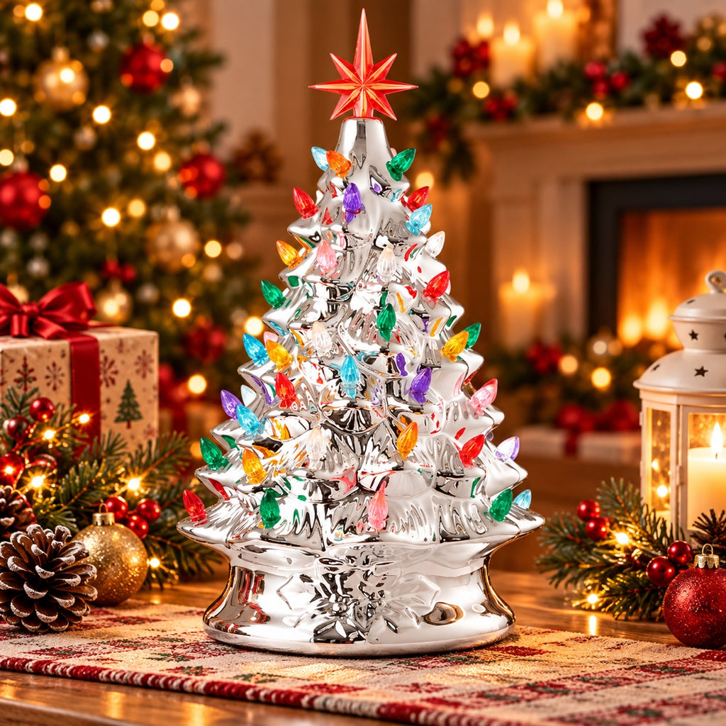 Metallic silver lighted ceramic Christmas tree, 15 inch