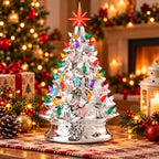 Metallic silver lighted ceramic Christmas tree, 15 inch